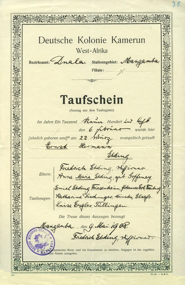 Taufschein - extrait de baptême   Ernst Ebding à Mangamba 1908
